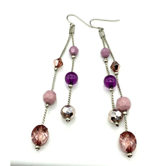 Shades of Pink Shoulder Duster Earrings, Faceted Crystal Beads on Silver Tone - Picture 2 of 4